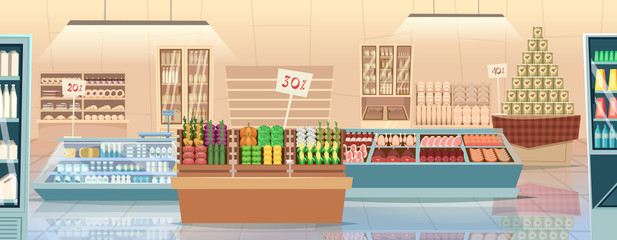 Supermarket cartoon. Products grocery store food market interior vector background. Illustration supermarket shelf, market shop retail interior