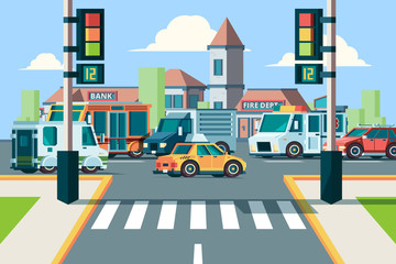 Poster - City road traffic. Urban landscape intersection with city cars in street crosswalk with lights vector flat background. Road intersection traffic jamm city crosswalk street illustration