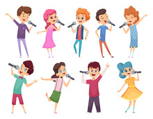 Singing Childrens. Male And Female Kids Standing With Microphones Music Performance Karaoke Talent Vector Cartoons. Singing Girl And Boy, Art Childhood Illustration
