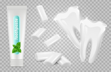 Poster - Dental set. Vector toothpaste, chewing gums, white teeth. Illustration dental toothpaste, clean mouth and care hygiene