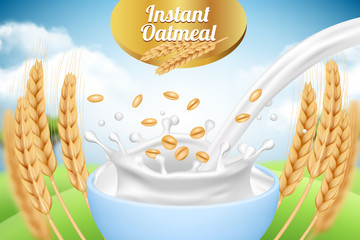 Wall Mural - Oatmeal. Ad placard template with milk and wheat healthy organic food farm products packaging background template realistic. Oatmeal and milk, advertisement organic cereal illustration