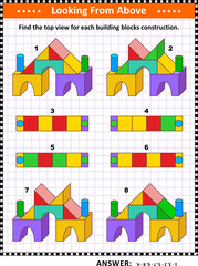 Educational math puzzle: Find the top view for each building blocks construction. Answer included.