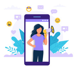 Wall Mural - Woman with megaphone inside smartphone - refer a friend, promotion, advertising announcement concept illustration. Vector illustration in flat style.