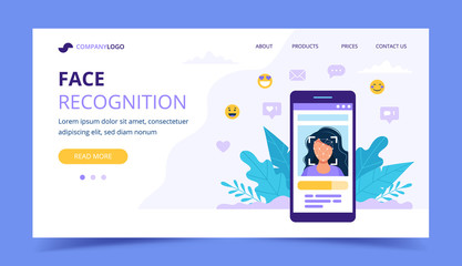 Aufkleber - Face recognition technology landing page. Big smartphone with woman photo on it. Vector illustration in flat style