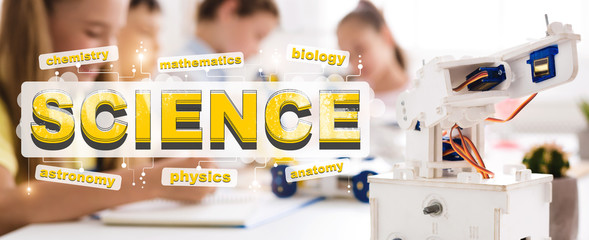 Poster - Science word and robot. Classroom with studying children