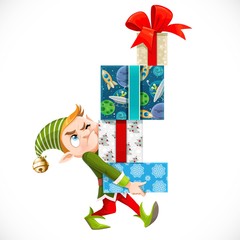 Poster - Cute cartoon elf Santa's assistant holding large stack of wrapped gifts isolated on a white background