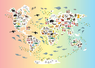 Cartoon animal world map for children and kids, back to schhool. Animals from all over the world white continents islands on rainbow background of ocean and sea. Scandinavian decor. Vector