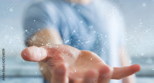 Businessman using floating digital network connections with dots and lines 3D...