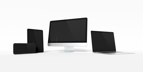 Modern devices with smartphone laptop computer and tablet aligned and isolated on white mockup 3D rendering