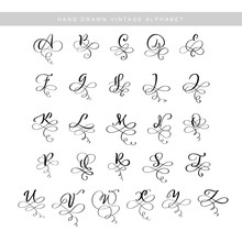 Vector Hand Drawn Calligraphic Flourish Letters Monogram Or Logo. Uppercase Hand Lettering Alphabet With Swirls And Curls. Wedding Floral Design