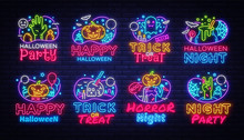 Big Collectin Neon Signs For Halloween. Halloween Party Neon Banner Vector. Horro Night Design Template For Greeting Cards And Posters, Modern Trend Design, Night Light Signboard. Vector