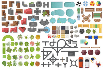 set landscape elements, top view. house, garden, tree, lake, swimming pools, bench, road, cars, peop