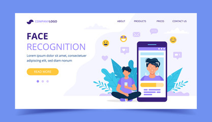 Wall Mural - Face recognition technology landing page. Man sitting next to big smartphone with photo on it. Vector illustration in flat style