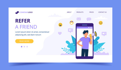 Wall Mural - refer a friend landing page with big smartphone with man. promotion, advertising, announcement conce