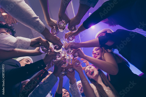 Cuadros en Lienzo Low below angle view of nice attractive cheerful cheery girls and guys having fu