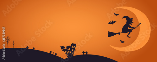 Happy Halloween banner, party invitation, background design with crescent moo...