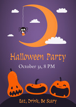 Banner, Invitation, Background Design With Night Sky, Crescent Moon, Funny Pumpkins, Clouds, Spider With Candy, Text Halloween Party. Hand Drawn Vector Illustration. Holiday Decor Concept. Flat Style.