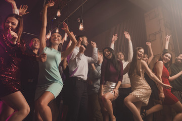 Sticker - Low angle view photo of charming funny funky people youth having fun motion raise hands close eyes laugh laughter dress suit stylish trendy beautiful handsome sepia photo