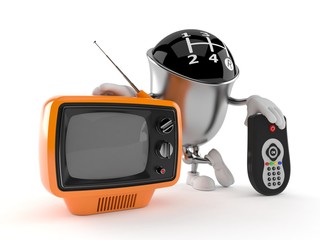 Wall Mural - Gear knob character with tv set and remote