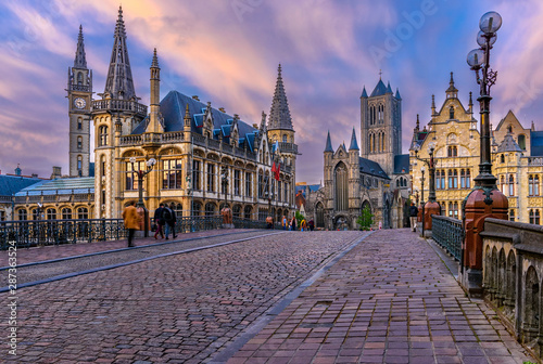 Medieval city of Gent (Ghent) in Flanders with Saint Nicholas Church and Gent...