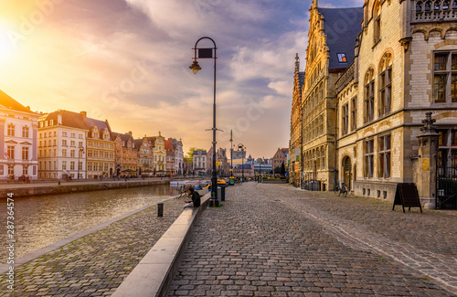 View of Graslei, Korenlei quays and Leie river in the historic city center in...