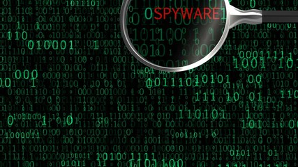 Spyware adware under digital magnifying glass, anti-virus finds malicious app