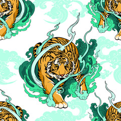 Wall Mural - Illustration doodle and paint Tiger walking  on cloud or haven Illustration doodle and paint design for seamless pattern with white background 