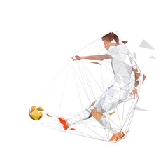 Poster - Soccer player in white jersey kicking ball and scoring goal, abstract low polygonal geometric vector illustration. Isolated low poly footballer