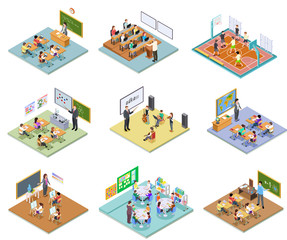 School rooms isometric. Library dining room lecture classroom gym sports hall toilet college university interior furniture 3d vector. Illustration education school room isometric, university interior