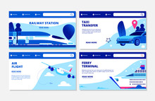 Transportation Vector Banners. Ferry Terminal, Air Flight, Taxi, Railway Station Landing Page Collection. Illustration Travel Transportation, Ferry Terminal, Air Plane