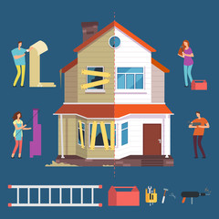 Sticker - Repair and renovation house vector concept. People with tools characters. Illustration improvement and transformation, repairman and woman painter