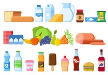 Food Products. Bread And Water Bottles, Juice And Cheese. Eggs, Fruit And Sausages Ice Cream. Product And Drinks Flat Vector Icons. Illustration Bread And Juice, Milk And Cheese, Water And Sausage