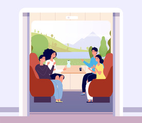 Canvas Print - People in train. Men and women travelling by train. Summer landscape in coach window. Railway journey vector flat concept. Illustration transport and travel train, people sitting in wagon