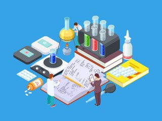 Sticker - Isometric science lab. Vector medical research concept. Pharmaceutical industry, drug development. Illustration pharmaceutical chemistry, isometric medical research