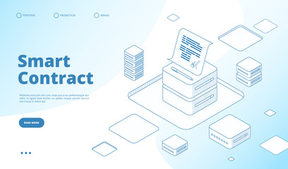Poster - smart contract concept. ethereum cryptography technology. contractor agreement with digital signatur