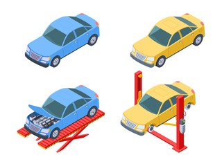 Sticker - Car repair isometric. Vehicle service, changing wheels vector illustration. Auto repair, garage machine diagnostic and fix