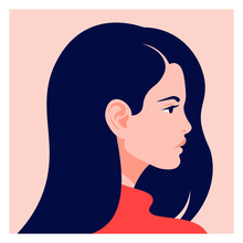 The Head Of A European Girl In Profile. Portrait Of A Brunette Woman. Social Media Avatar. Vector Flat Illustration