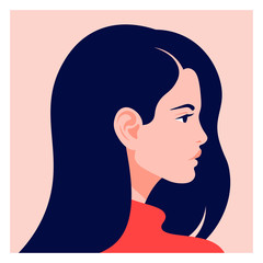 The head of a European girl in profile. Portrait of a brunette woman. Social Media Avatar. Vector Flat Illustration