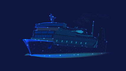 Wall Mural - Ocean liner. Illustration of a ship made of polygons and points. Concept of business trip, travel or tourism, logistic, shipping. Background of beautiful dark blue night sky. Low poly.