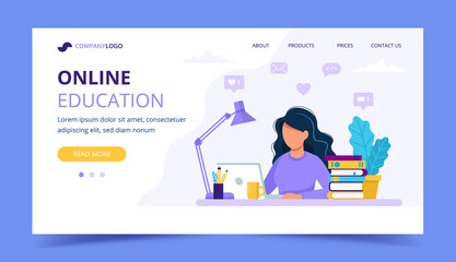 Aufkleber - Woman with laptop landing page, education or working concept. Table with books, lamp, coffee cup. Vector illustration in flat style