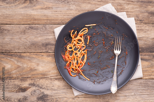 Fotografía Dirty black plate with leftovers on wooden table, top view