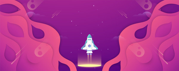 Wall Mural - Rocket is flying in galaxy space of the universe. Abstract gradient background in liquid and fluid style. Trend creation of the world. 3D illustration template design in paper cut and craft.