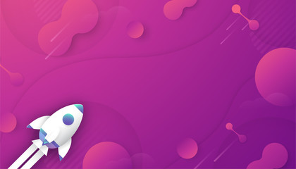 Wall Mural - Rocket is flying in galaxy space of the universe. Abstract gradient background in liquid and fluid style. Trend creation of the world. 3D illustration template design in paper cut and craft.