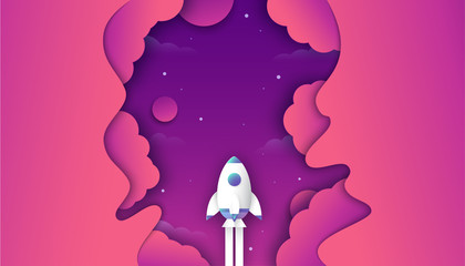 Wall Mural - Rocket is flying in galaxy space of the universe. Abstract gradient background in liquid and fluid style. Trend creation of the world. 3D illustration template design in paper cut and craft.