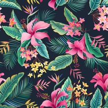 Seamless Floral Pattern With Tropical Leaves And Hibiscus On Dark Background