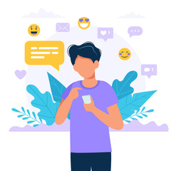 Leinwandbilder - Man texting with a smartphone, social media icons. Concept vector illustration in flat style