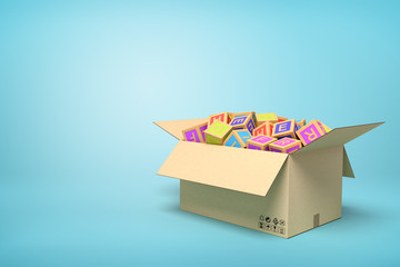 Fototapete - 3d rendering of ABC blocks in carton box on blue background.