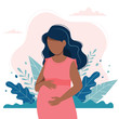 Black pregnant woman with nature and leaves background. Concept vector illustration in flat style.