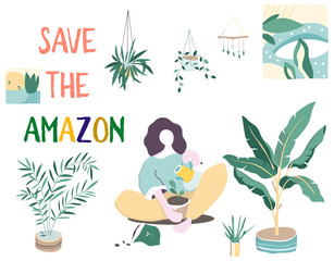  Save Amazonia Forest in Brazil From Fire Disaster Vector colorful cartoon Illustration with plants, leaves and tree. Sitting woman flat design. Help forest. Prat for Amazon