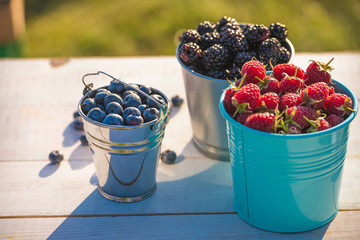 Wall Mural - fresh berries in bucket, summer harvest season